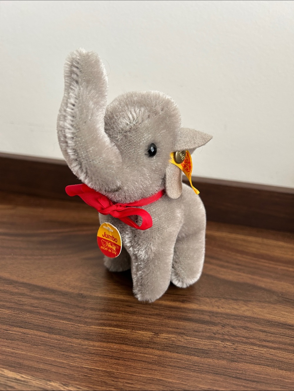 Vintage Steiff Jumbo Gray Elephant Plush Toy with Red Ribbon 1305/12